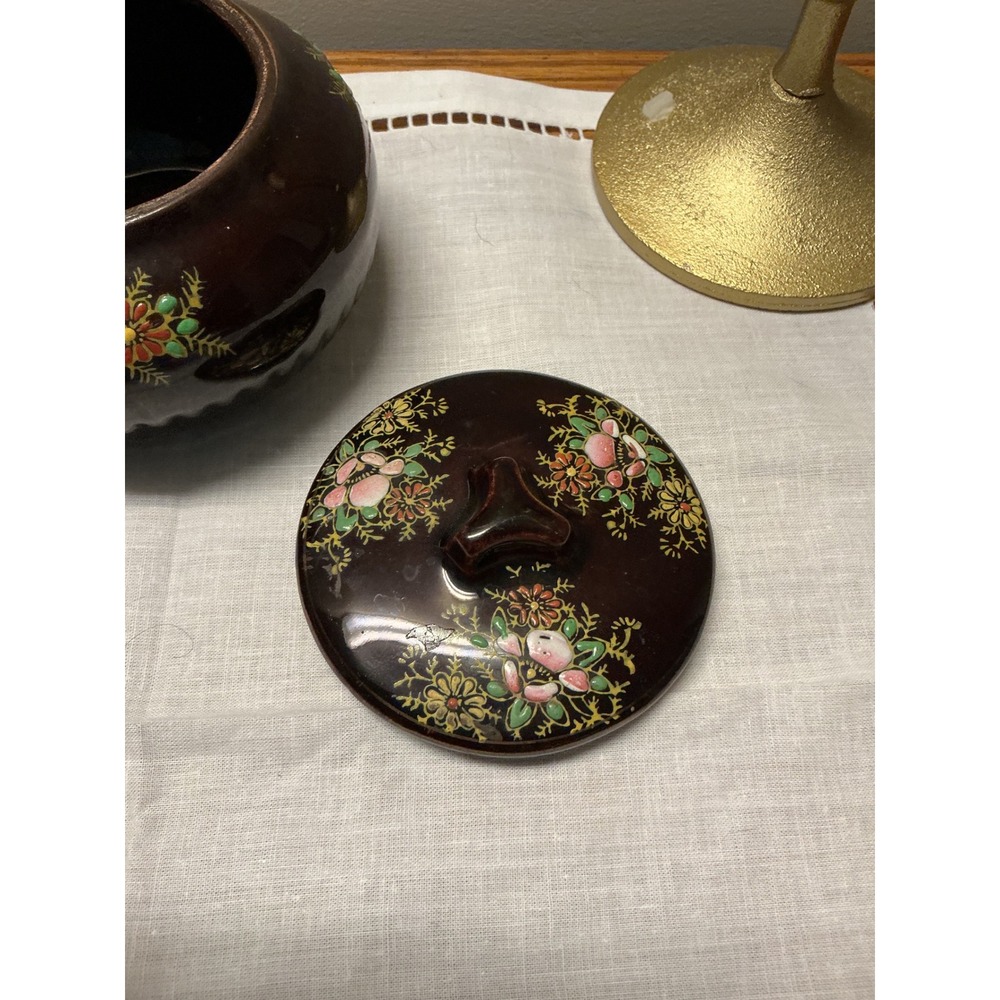 Vintage Made in Japan Brown Ceramic Floral Ginger Jar Trinket Bowl with Lid - Picture 4 of 7